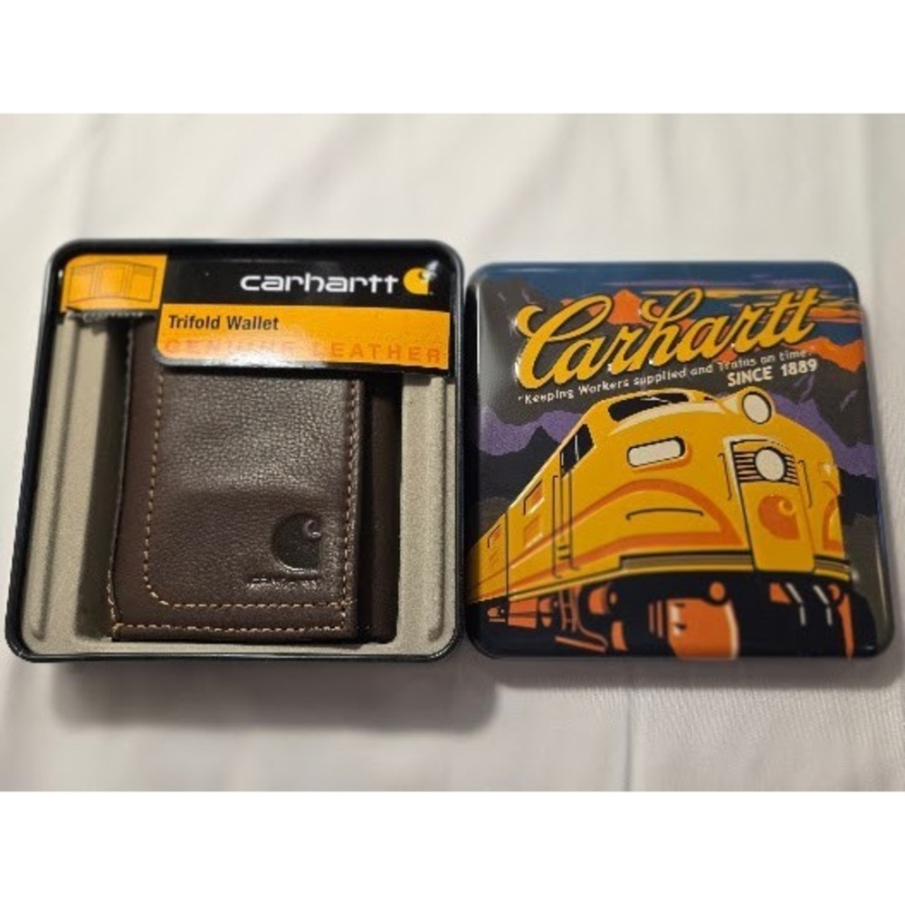 Carhartt Brown Trifold Leather Wallet Brown With Tin Case New